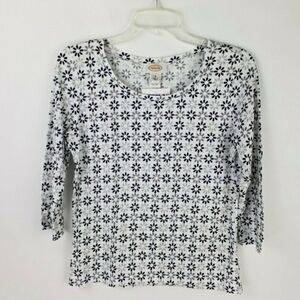 Vintage Talbots White Black Gray Floral Print 3/4 Sleeve Knit Top Womens Small